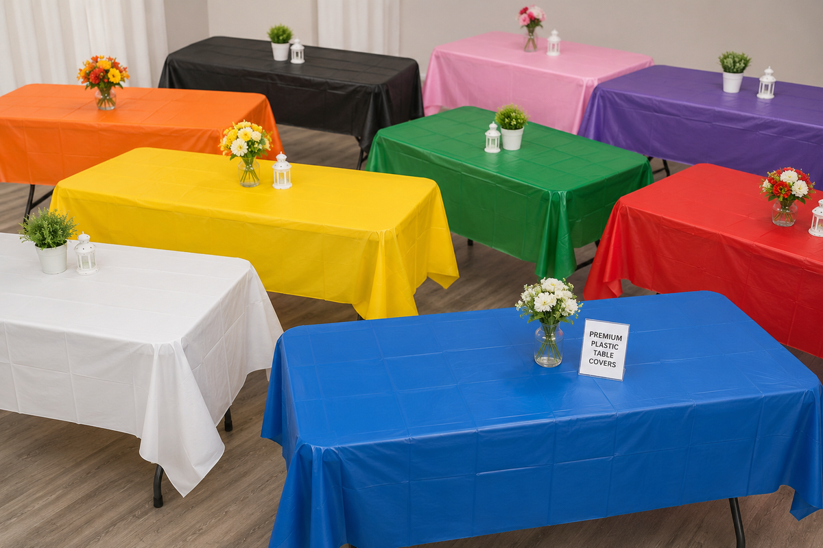 Colorful stack of heavy-duty plastic table covers in various shades for versatile protection.