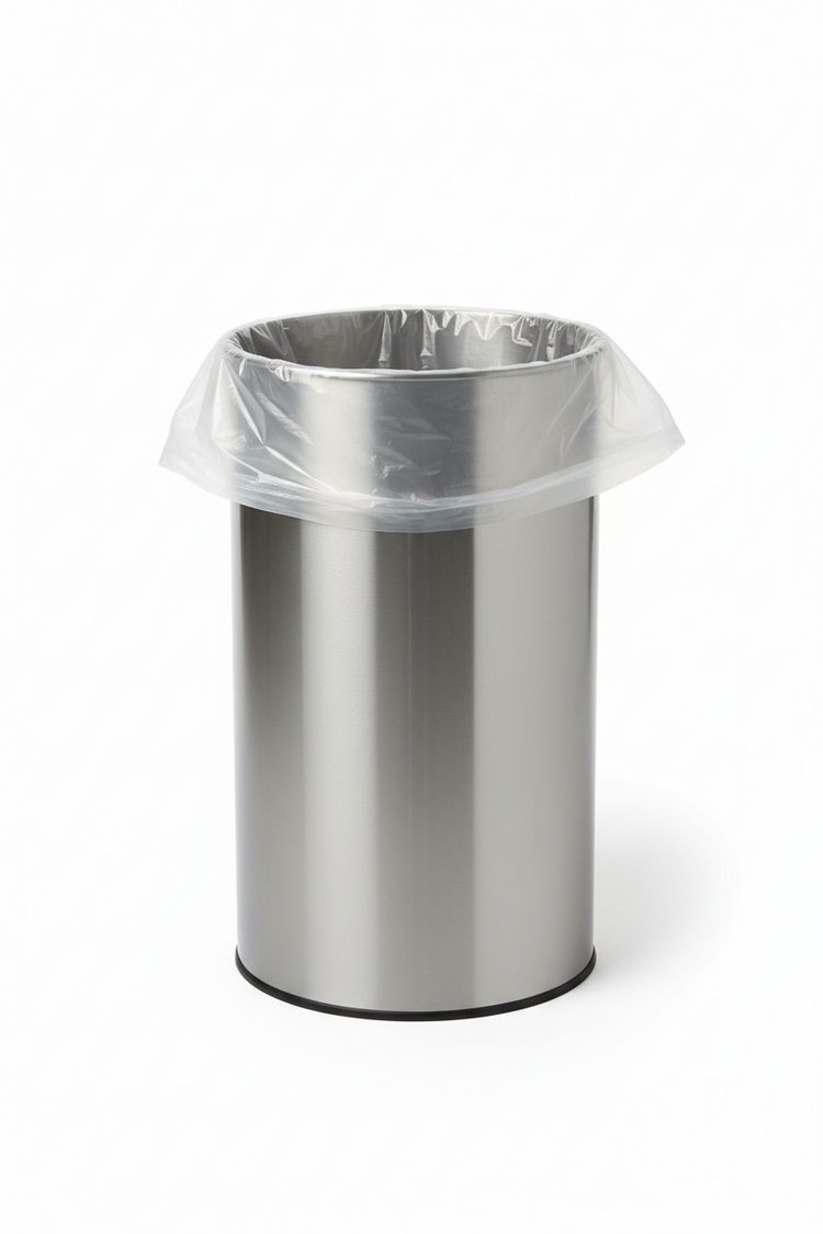 heavy-duty clear trash liner suited for commercial and residential use.