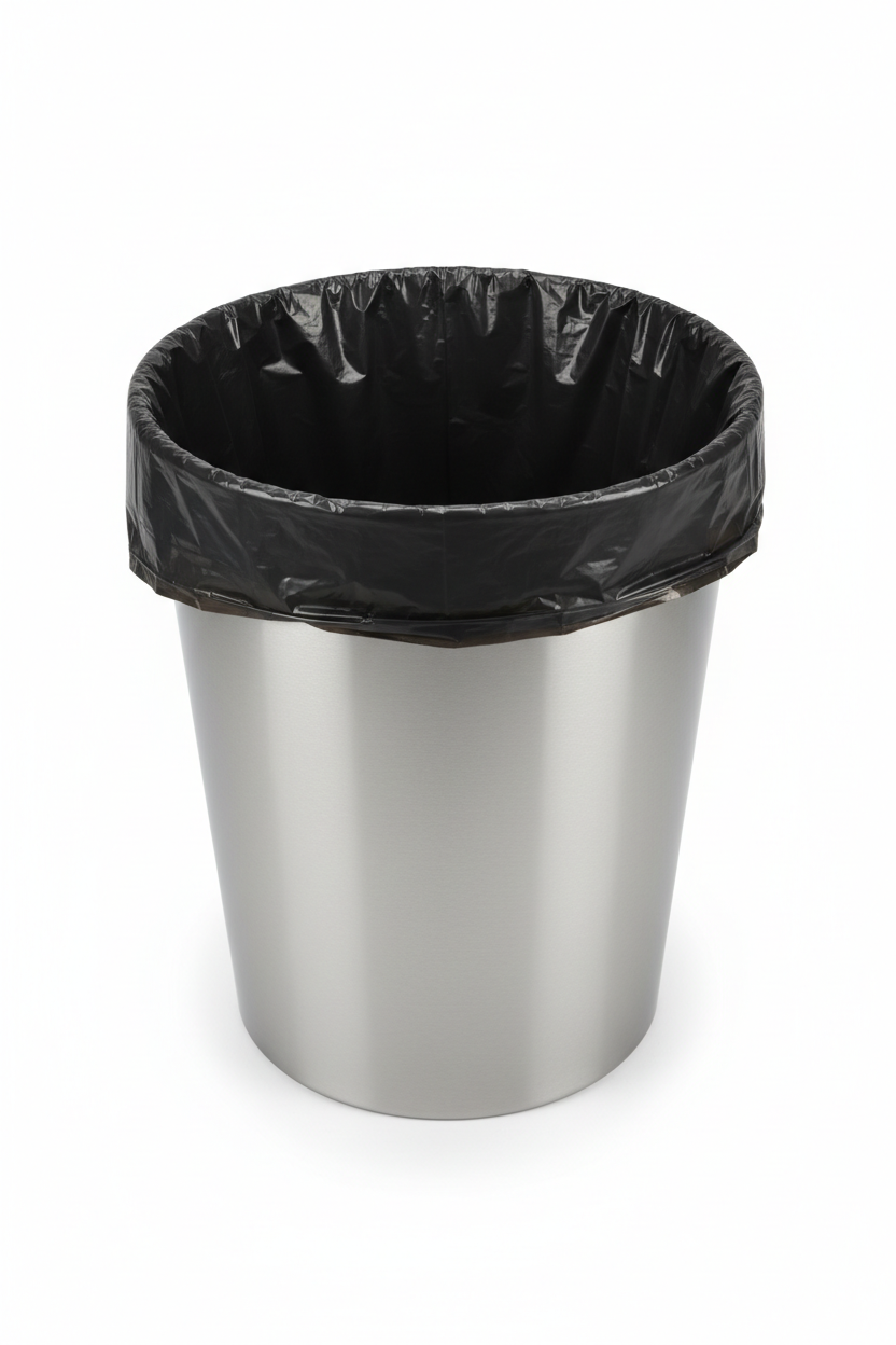 Heavy-duty can liners in a stainless steel trash can, designed for reliable waste containment and protection.